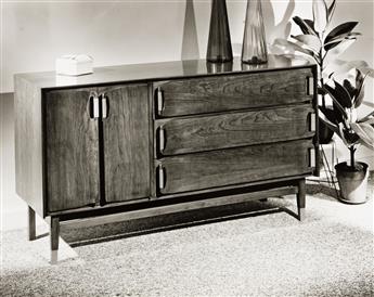 (FURNITURE) A group of approximately 36 photographs of sleek, mid-century modern furniture.